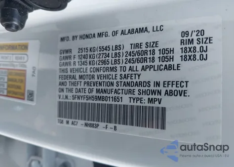 2021 Honda Pilot 2Wd Ex-L из США, поврежденный, VIN 5FNYF5H59MB011651